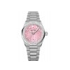 This mid-size 36mm version features a sparkling diamond set bezel and the Manufacture’s iconic patterned dial in a vibrant pastel pink hue