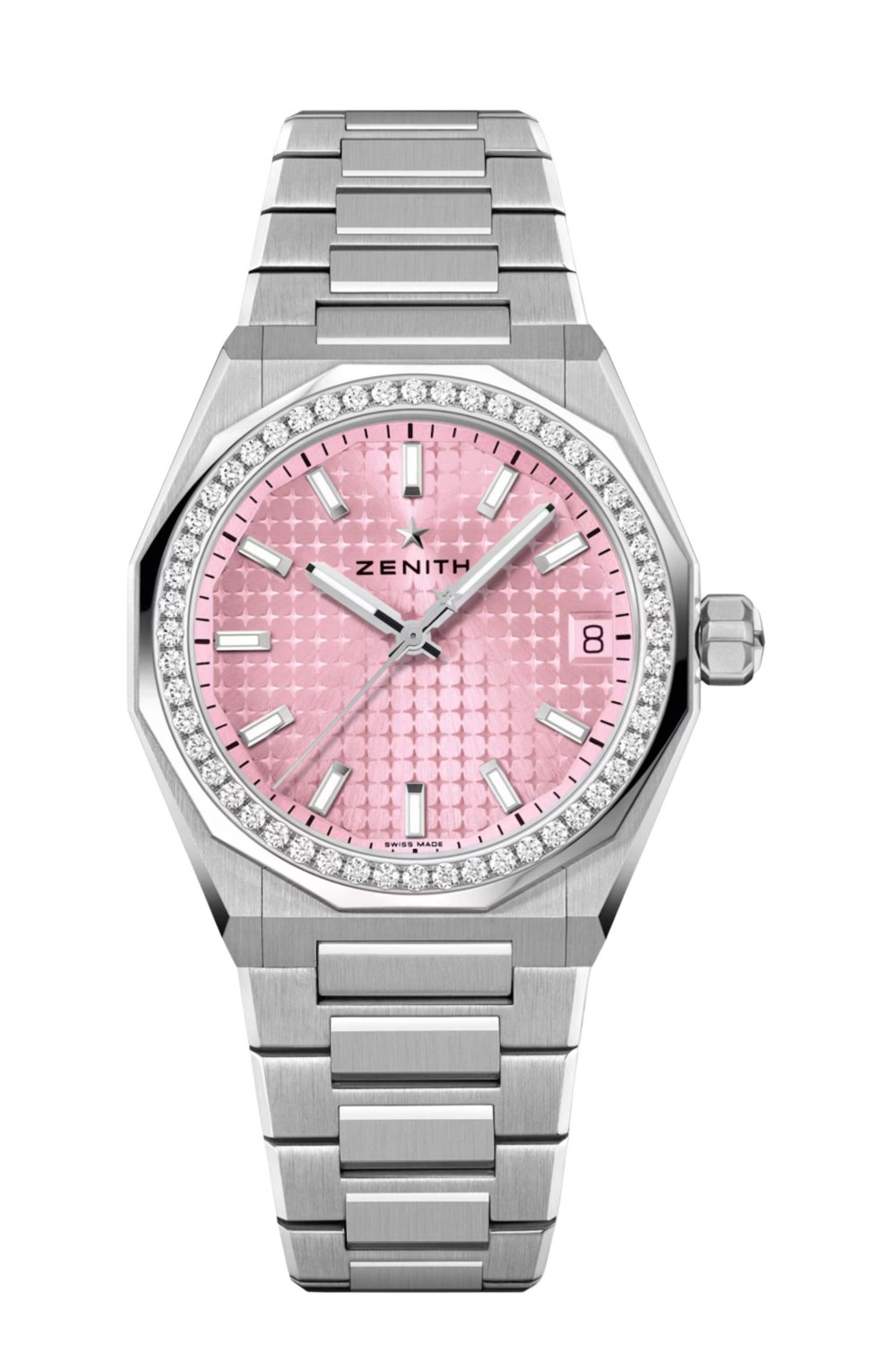 This mid-size 36mm version features a sparkling diamond set bezel and the Manufacture’s iconic patterned dial in a vibrant pastel pink hue