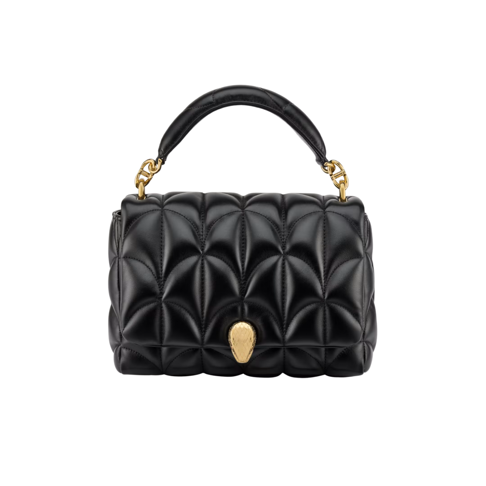 Serpenti Sugarloaf medium shoulder bag in black calf leather with a maxi Calla Matelassé motif and black nappa leather lining. Captivating snakehead magnetic closure in gold-plated brass embellished with red enamel eyes.