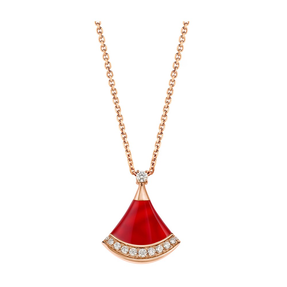 Divas' Dream necklace with pendant in 18 kt rose gold, set with a carnelian element and pave diamonds