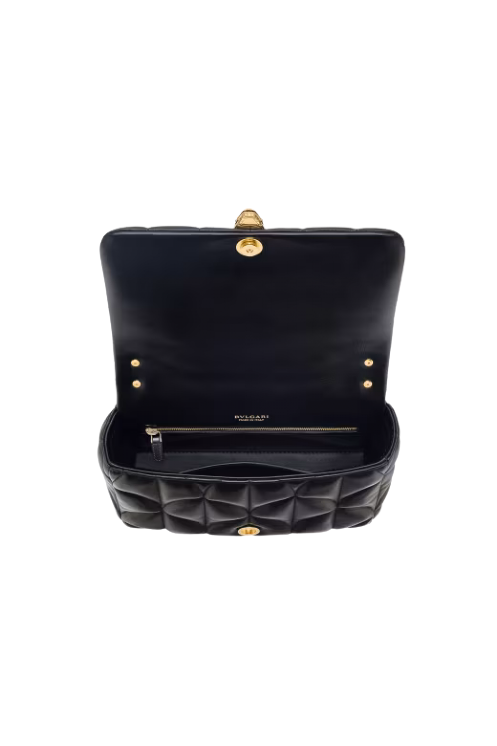 Serpenti Sugarloaf medium shoulder bag in black calf leather with a maxi Calla Matelassé motif and black nappa leather lining. Captivating snakehead magnetic closure in gold-plated brass embellished with red enamel eyes.