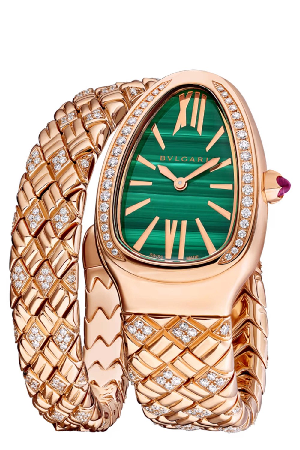 Serpenti Spiga single-spiral watch with 18 kt rose gold case set with diamonds, malachite dial and 18 kt rose gold bracelet partially set with brilliant-cut diamonds.