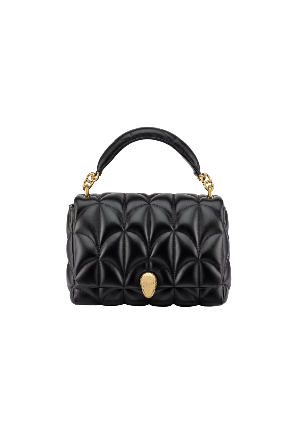 Serpenti Sugarloaf medium shoulder bag in black calf leather with a maxi Calla Matelassé motif and black nappa leather lining. Captivating snakehead magnetic closure in gold-plated brass embellished with red enamel eyes.