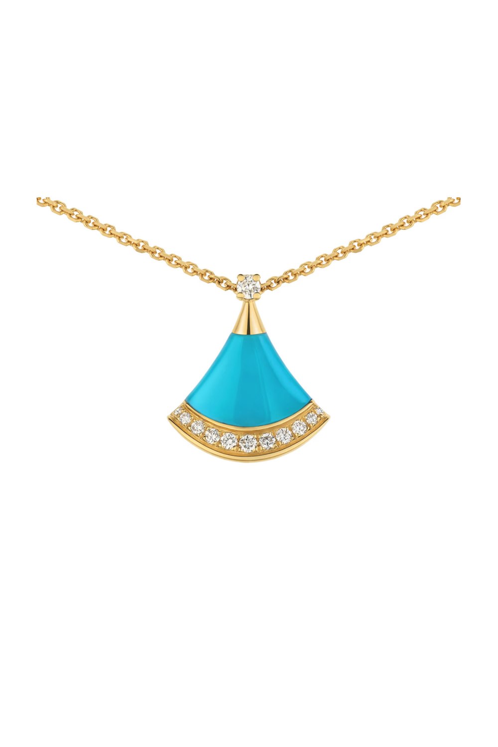 Divas' Dream 18 kt yellow gold necklace set with a turquoise element, a round brilliant-cut diamond and pav diamonds.