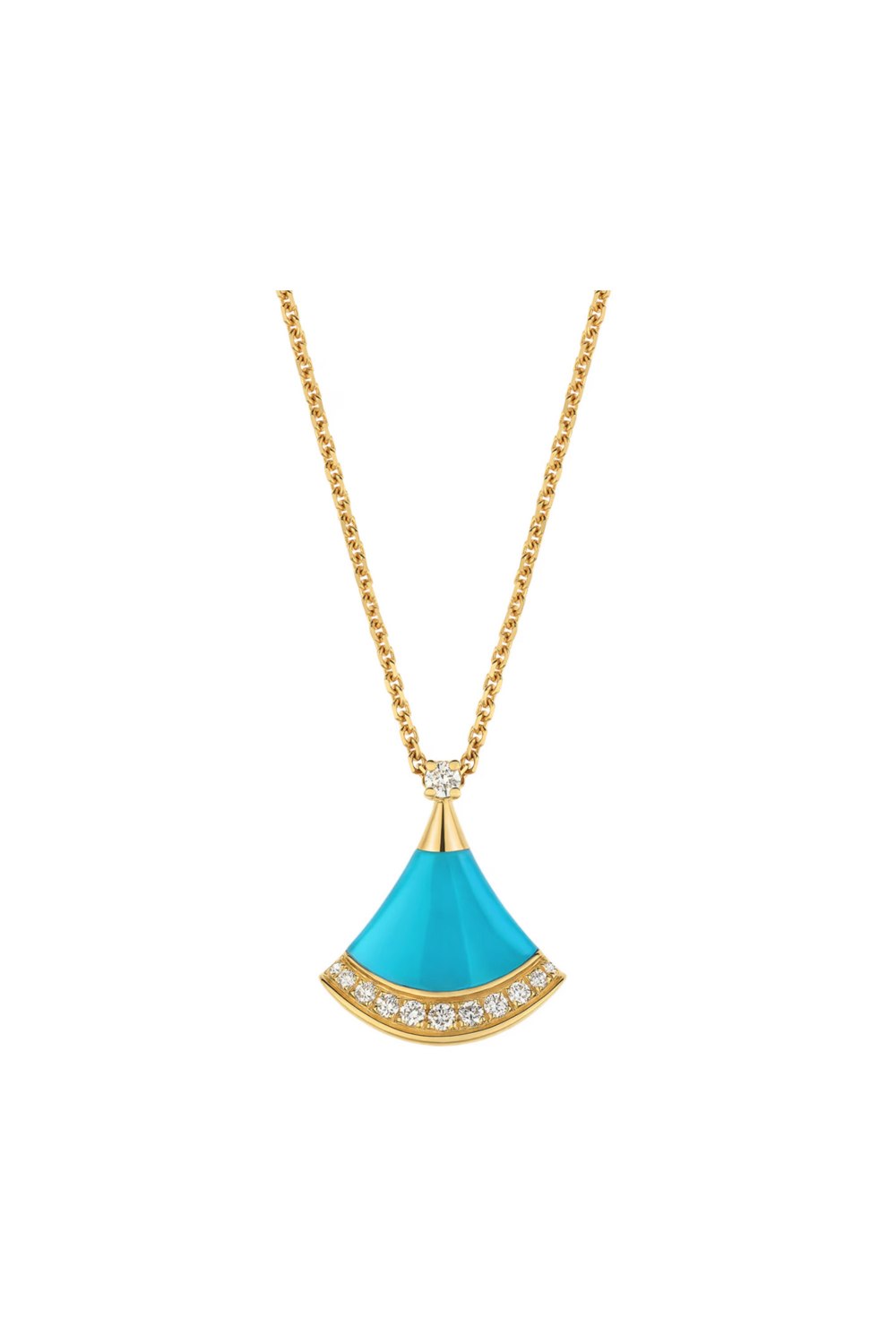 Divas' Dream 18 kt yellow gold necklace set with a turquoise element, a round brilliant-cut diamond and pav diamonds.