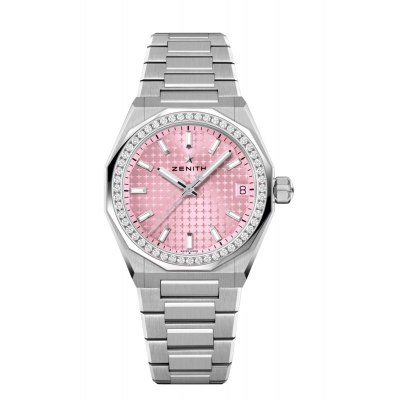 This mid-size 36mm version features a sparkling diamond set bezel and the Manufacture’s iconic patterned dial in a vibrant pastel pink hue