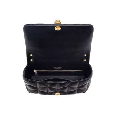 Serpenti Sugarloaf medium shoulder bag in black calf leather with a maxi Calla Matelassé motif and black nappa leather lining. Captivating snakehead magnetic closure in gold-plated brass embellished with red enamel eyes.