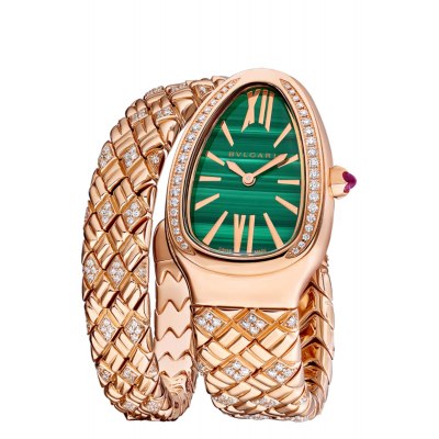 Serpenti Spiga single-spiral watch with 18 kt rose gold case set with diamonds, malachite dial and 18 kt rose gold bracelet partially set with brilliant-cut diamonds.