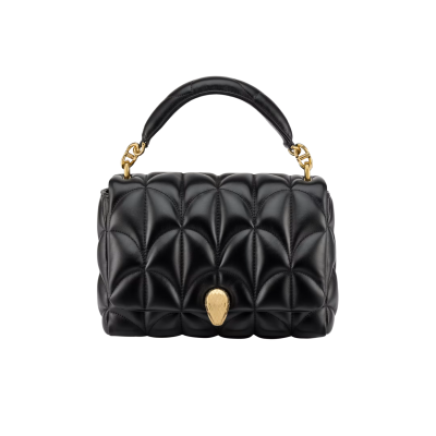 Serpenti Sugarloaf medium shoulder bag in black calf leather with a maxi Calla Matelassé motif and black nappa leather lining. Captivating snakehead magnetic closure in gold-plated brass embellished with red enamel eyes.