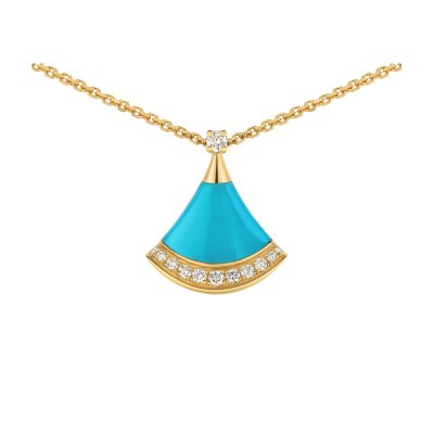 Divas' Dream 18 kt yellow gold necklace set with a turquoise element, a round brilliant-cut diamond and pav diamonds.